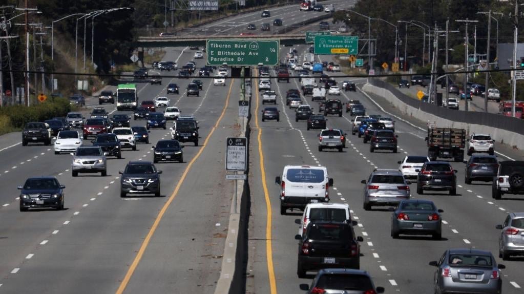 Cars driving on a highway in California.