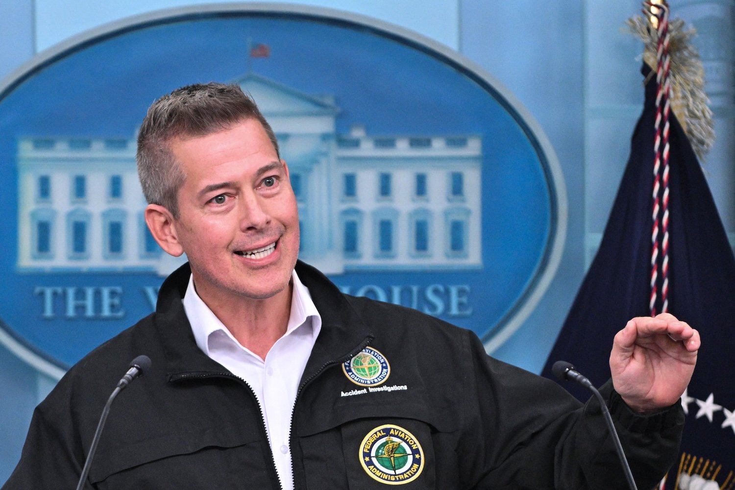 US Secretary of Transportation Sean Duffy speaks during a briefing about the mid-air crash between American Airlines flight 5342 and a military helicopter in Washington, in the Brady Press Briefing Room at the White House on January 30, 2025 in Washington, DC.