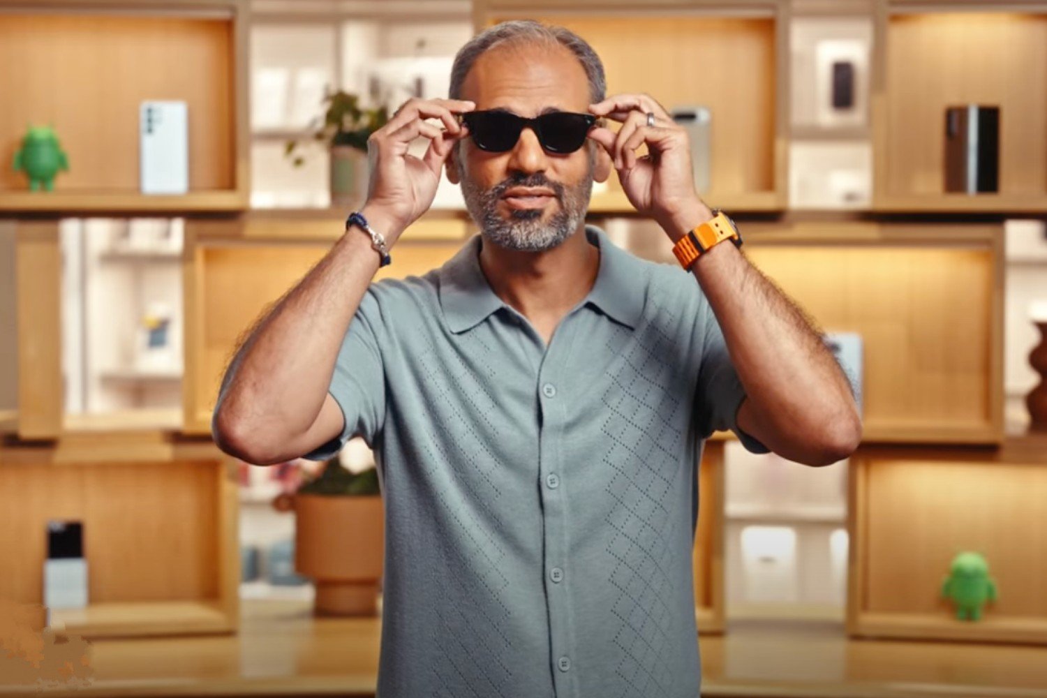 Sameer Samat wearing Google smart glasses